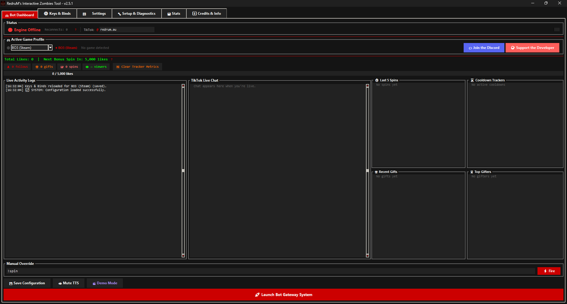 RedruM's Interactive Zombies Tool dashboard showing live stats, chat feed, and game status