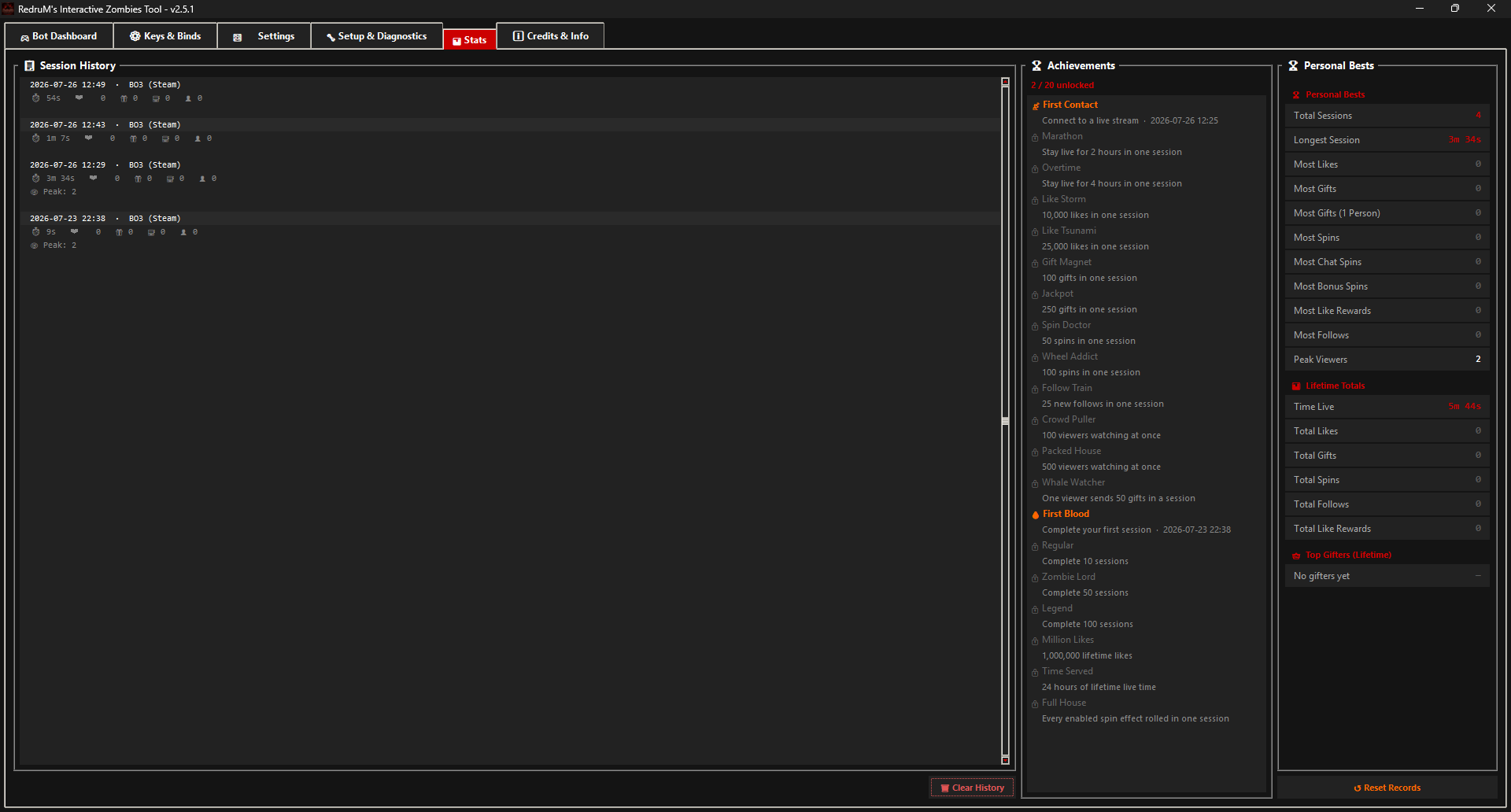Stats and Achievements tab